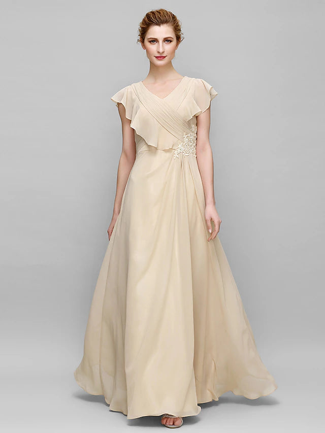 Sheath / Column Mother of the Bride Dress Plus Size Elegant V Neck Floor Length Chiffon Sleeveless with Criss Cross