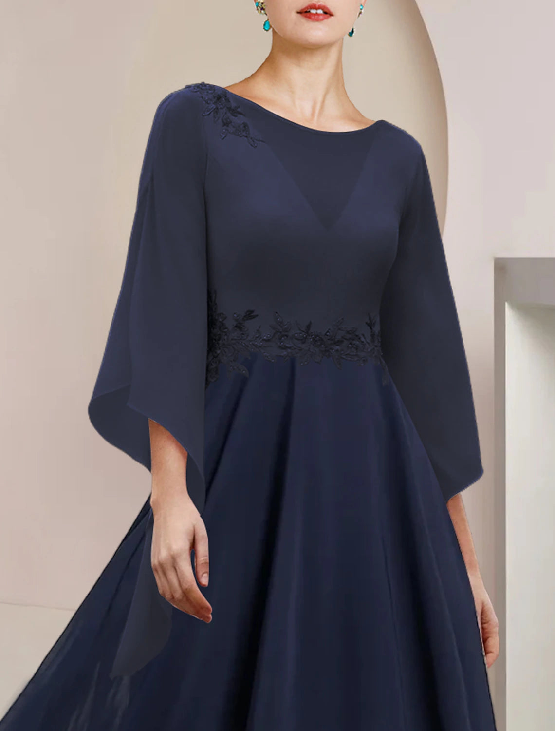 A-Line Mother of the Bride Dress Wedding Guest Party Elegant Scoop Neck Tea Length Chiffon Lace 3/4 Length Sleeve