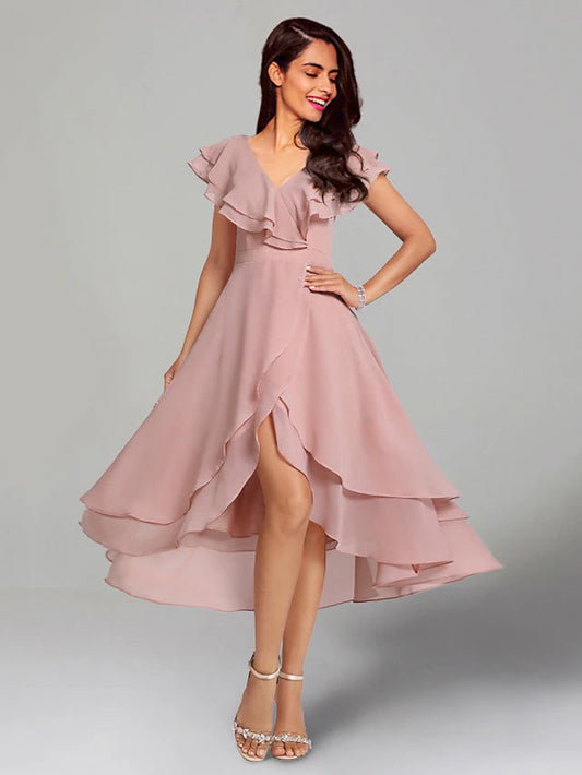 A-Line Wedding Guest Dresses Elegant Dress Cocktail Party Tea Length Short Sleeve V Neck Chiffon