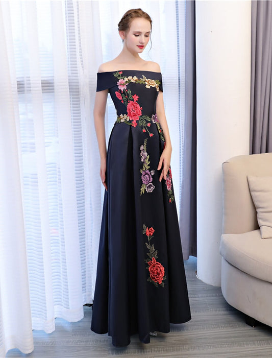 A-Line Floral Dress Wedding Guest Floor Length Sleeveless Off Shoulder Satin with Embroidery