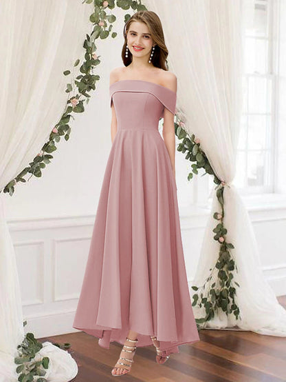 A-Line Bridesmaid Dress Off Shoulder Sleeveless Elegant Floor Length Chiffon Pure Color