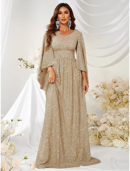 A-Line Evening Gown Sparkle & Shine Dress Formal Sweep / Brush Train Long Sleeve V Neck Capes Polyester