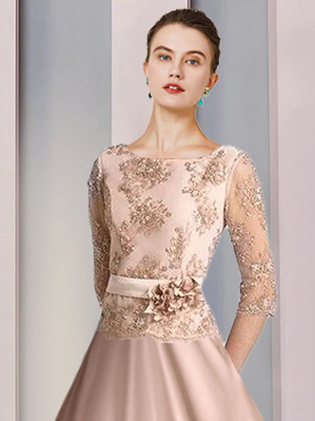 A-Line Mother of the Bride Dress Formal Wedding Guest Vintage Party Elegant Scoop Neck Tea Length Satin Lace Half Sleeve with Appliques Flower Beautiful