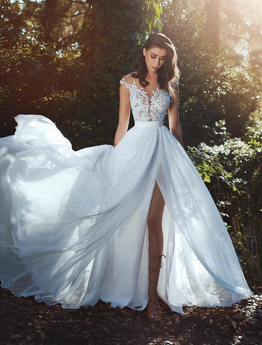 Beach Open Back Wedding Dresses Court Train A-Line Cap Sleeve Illusion Neck Chiffon With Pleats