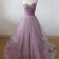 A-Line Minimalist Cute Engagement Prom Dress Sweetheart Neckline Sleeveless Court Train Tulle with Pleats