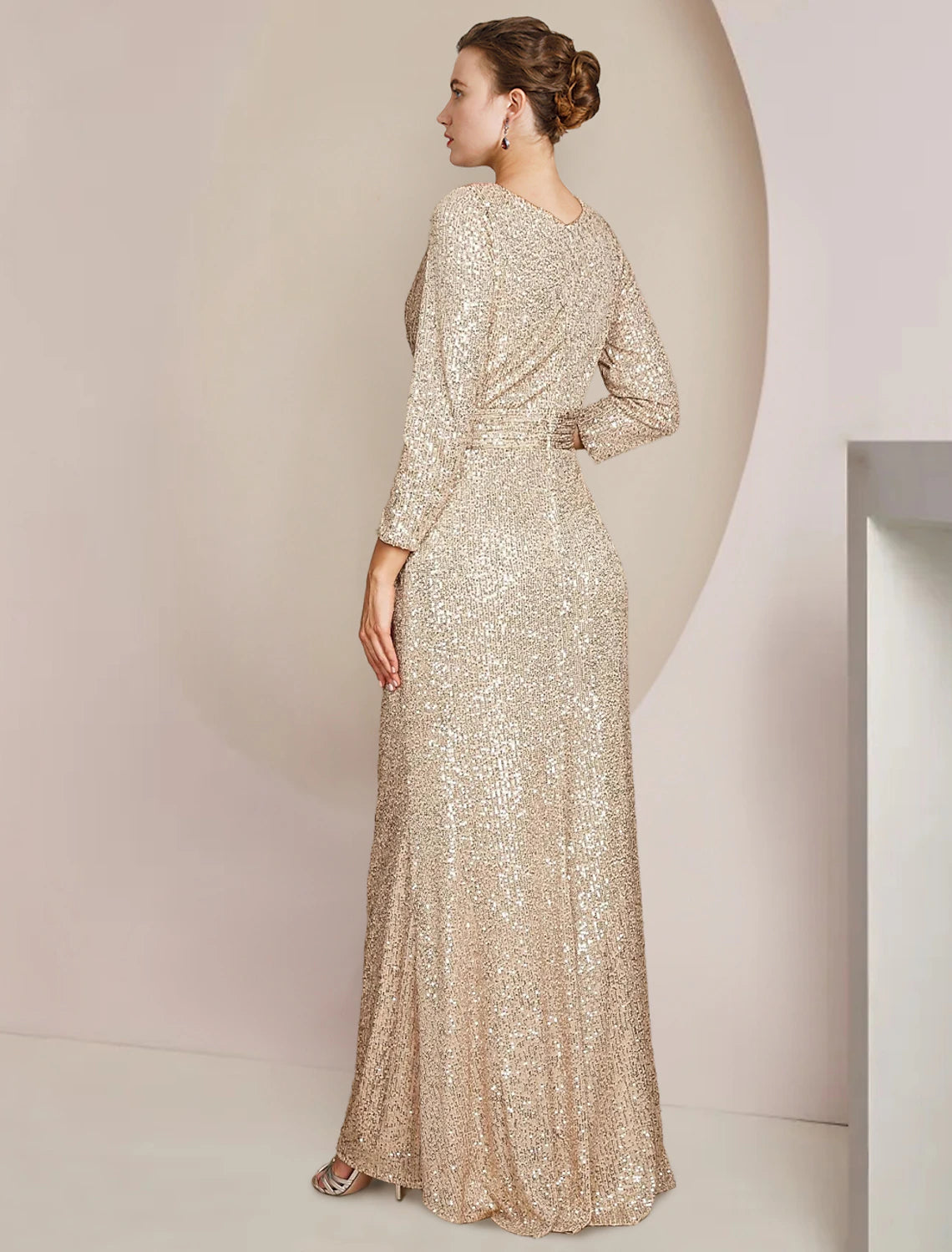 Sheath / Column Mother of the Bride Dress Formal Wedding Guest Sparkle & Shine Elegant V Neck Floor Length Sequined 3/4 Length Sleeve with Split