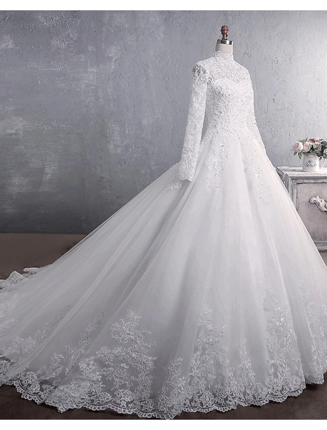 Engagement Formal Wedding Dresses Ball Gown High Neck Long Sleeve Court Train Lace Bridal Gowns