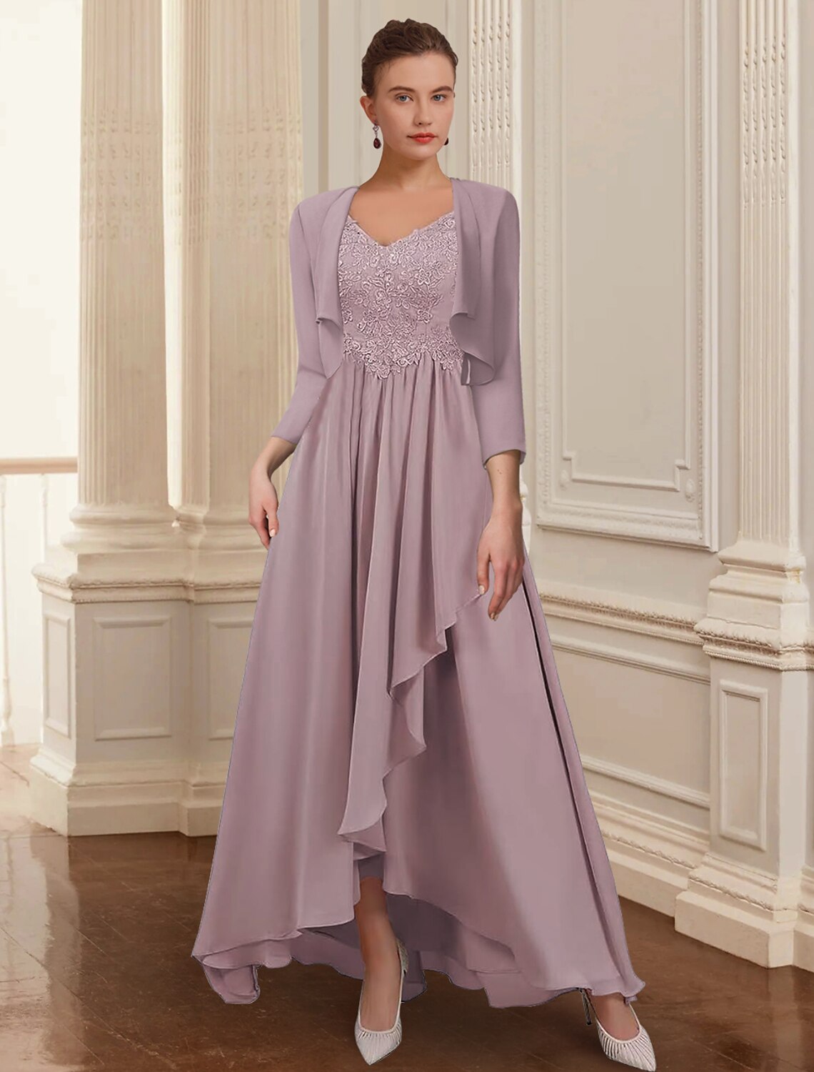 Two Piece A-Line Mother of the Bride Dress Formal Wedding Guest Elegant High Low V Neck Asymmetrical Ankle Length Chiffon Lace 3/4 Length Sleeve Jacket Dresses