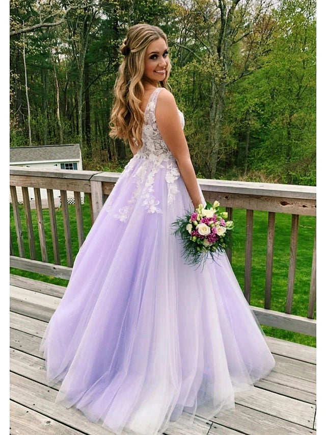 Ball Gown A-Line Prom Dresses Color Block Dress Formal Floor Length Sleeveless V Neck Tulle Backless V Back with Beading