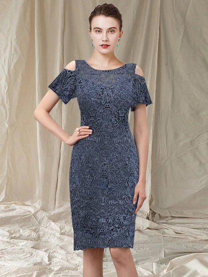 Sheath / Column Mother of the Bride Dress Elegant Jewel Neck Knee Length Chiffon Lace Short Sleeve