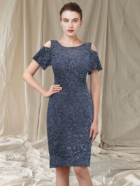 Sheath / Column Mother of the Bride Dress Elegant Jewel Neck Knee Length Chiffon Lace Short Sleeve