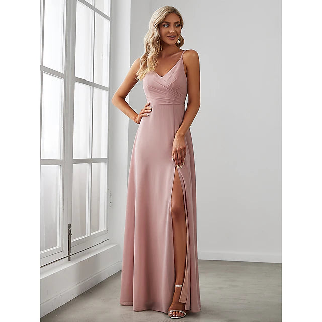 A-Line Bridesmaid Dress V Neck Sleeveless Elegant Floor Length Chiffon with Draping / Solid