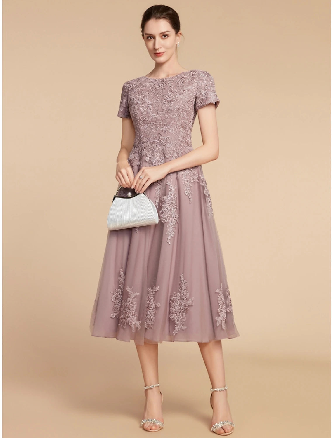 A-Line Mother of the Bride Dress Wedding Guest Elegant Petite Jewel Neck Tea Length Lace Tulle Short Sleeve