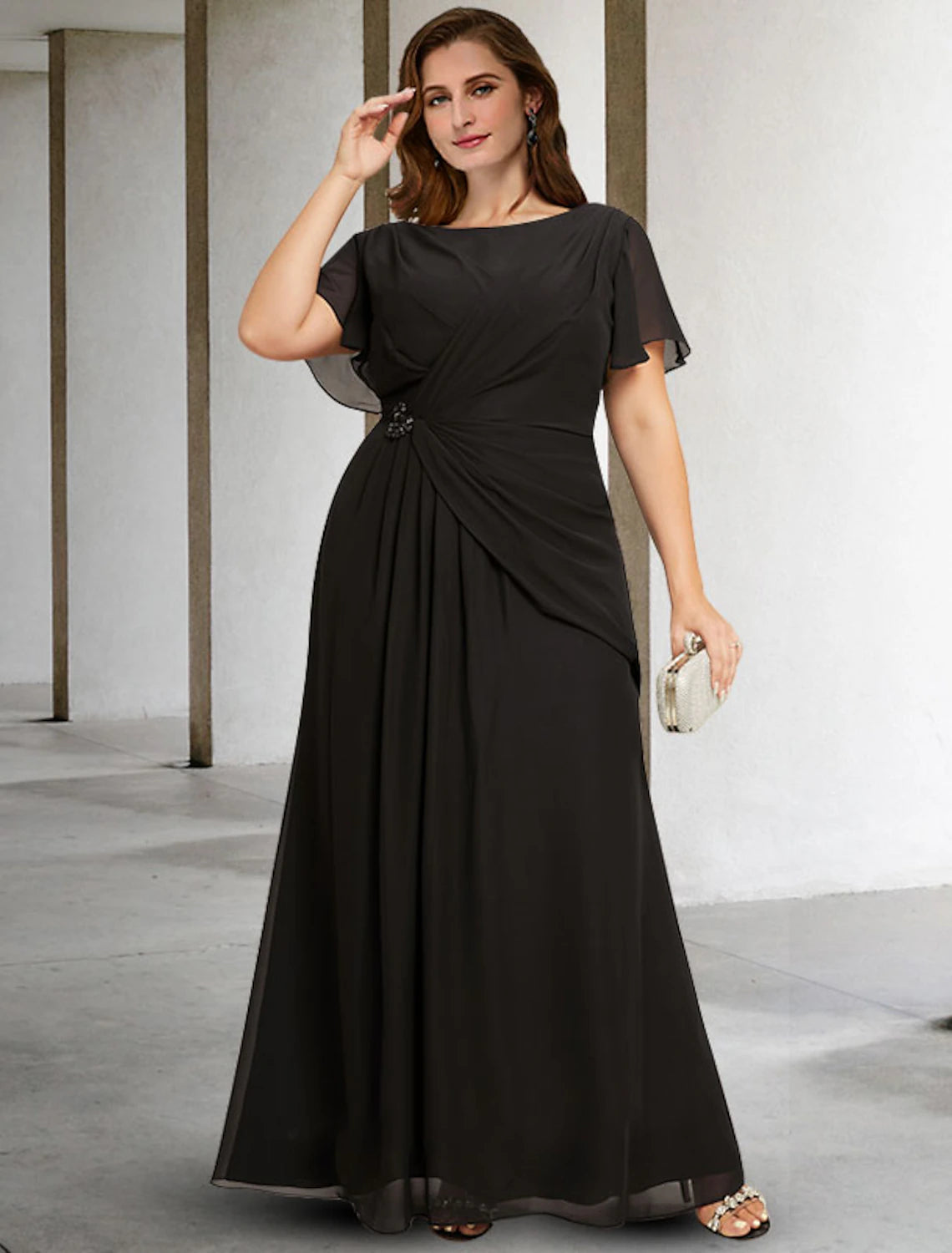 A-Line Mother of the Bride Dresses Plus Size Hide Belly Curve Elegant Dress Formal Floor Length Sleeveless Jewel Neck Chiffon with Ruched