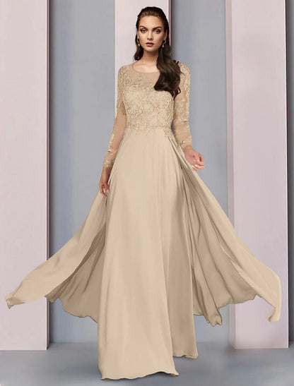 A-Line Mother of the Bride Dress Wedding Guest Party Elegant Scoop Neck Floor Length Chiffon Half Sleeve with Lace