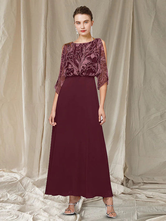 A-Line Mother of the Bride Dress Elegant Jewel Neck Floor Length Chiffon Lace Half Sleeve