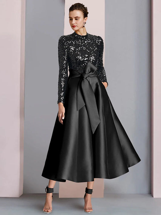 A-Line Mother of the Bride Dress Wedding Guest Elegant Sparkle & Shine High Neck Tea Length Satin Sequined Long Sleeve with Bow(s)