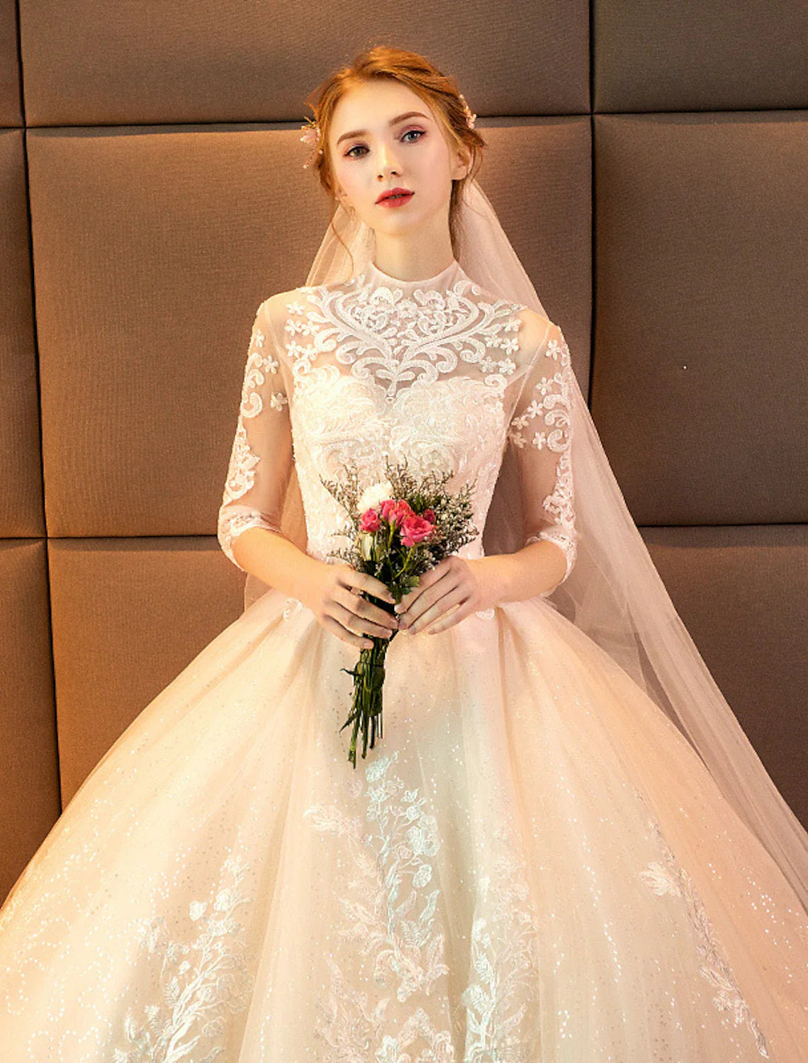 Engagement Sparkle & Shine Formal Fall Wedding Dresses Ball Gown High Neck Long Sleeve Cathedral Train Lace Bridal Gowns With Sequin Appliques Summer Wedding Party, Women¡®s Clothing