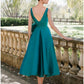 A-Line Cocktail Dresses Elegant Dress Cocktail Party Tea Length Christmas Red Green Dress Sleeveless Scoop Neck Satin with Pleats Ruched