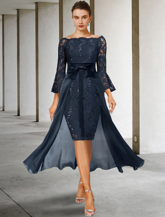 Two Piece Sheath / Column Mother of the Bride Dress Formal Wedding Guest Party Elegant Off Shoulder Knee Length Chiffon Lace Imitated Silk 3/4 Length Sleeve