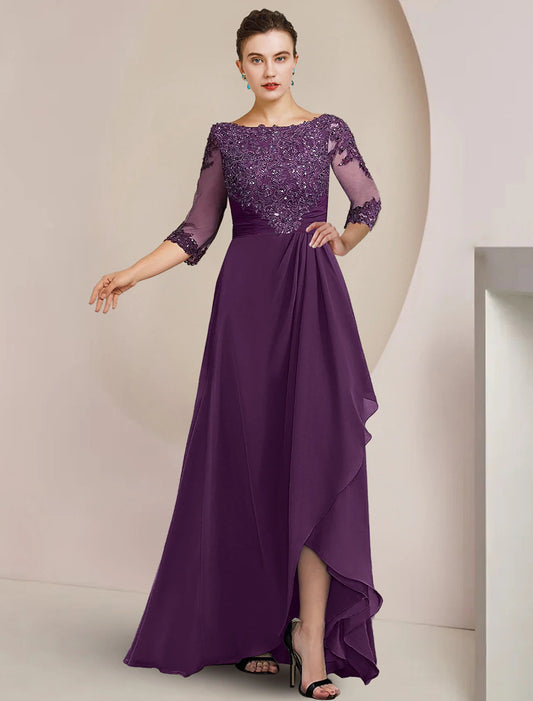 A-Line Mother of the Bride Dress Formal Wedding Guest Elegant High Low Scoop Neck Asymmetrical Floor Length Chiffon Lace 3/4 Length Sleeve with Beading Sequin