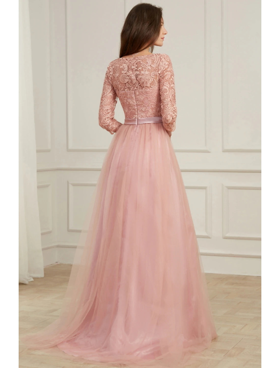 A-Line Evening Gown Spring Dress Party Wear Formal Evening Sweep / Brush Train Long Sleeve Jewel Neck Lace