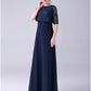 A-Line Mother of the Bride Dress Elegant Sweet Jewel Neck Floor Length Chiffon Half Sleeve with Lace Crystals Beautiful