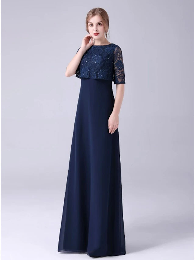 A-Line Mother of the Bride Dress Elegant Sweet Jewel Neck Floor Length Chiffon Half Sleeve with Lace Crystals Beautiful