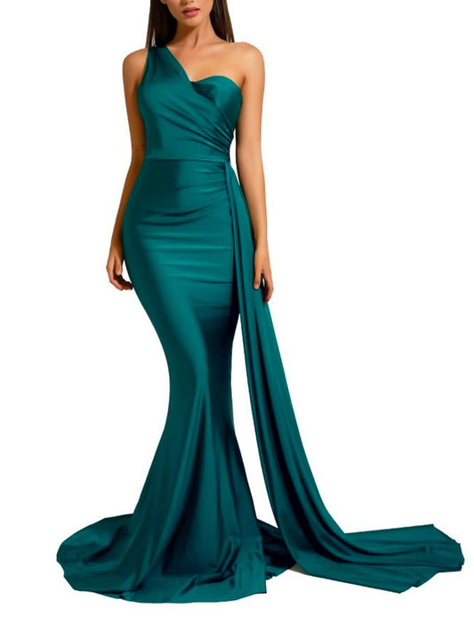 Mermaid / Trumpet Minimalist Sexy Engagement Formal Evening Birthday Dress One Shoulder Sleeveless Sweep / Brush Train Charmeuse