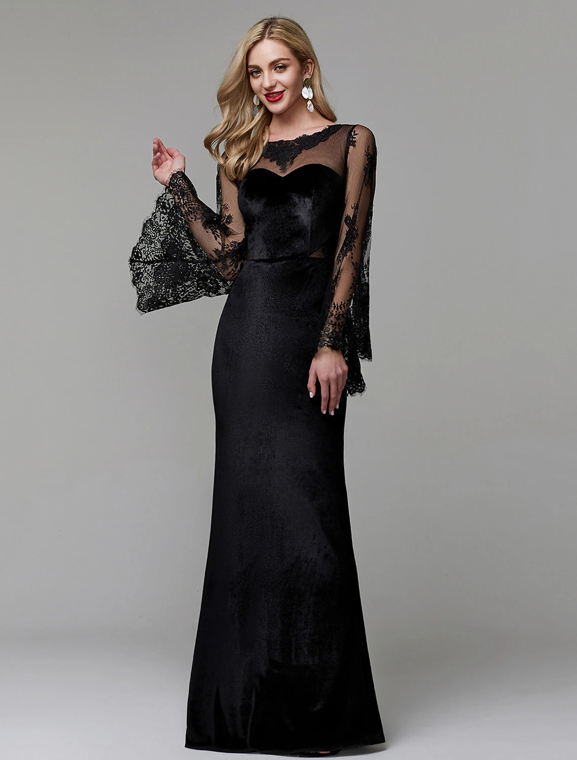 Sheath / Column Elegant Dress Wedding Guest Floor Length Long Sleeve Illusion Neck Lace