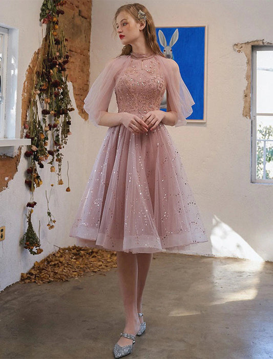 A-Line Cocktail Dresses Party Dress Graduation Engagement Knee Length 3/4 Length Sleeve Jewel Neck Tulle with Sequin
