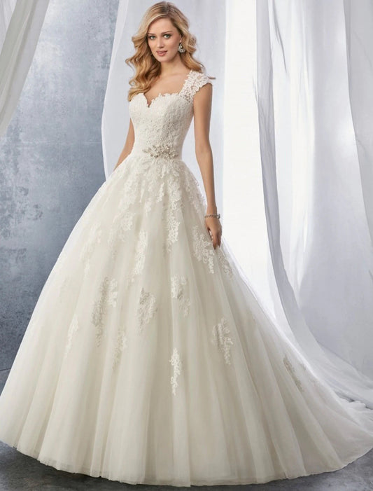 Engagement Formal Wedding Dresses Ball Gown Sweetheart Cap Sleeve Court Train Lace Bridal Gowns