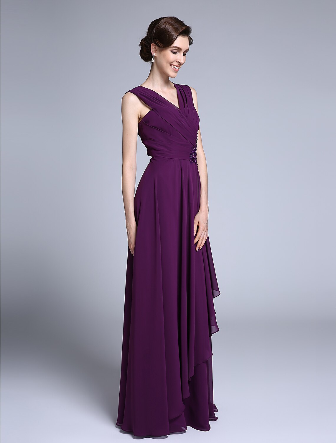 Sheath / Column Mother of the Bride Dress Elegant V Neck Floor Length Chiffon Sleeveless No with Criss Cross