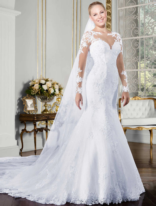 Open Back Sexy Formal Fall Wedding Dresses Mermaid / Trumpet Illusion Neck Long Sleeve Chapel Train Lace Bridal Gowns