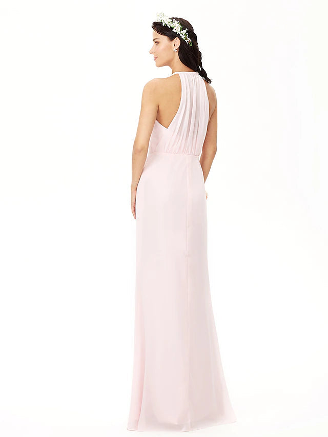 Sheath / Column Bridesmaid Dress Jewel Neck Sleeveless Elegant Floor Length Chiffon