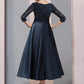 A-Line Mother of the Bride Dress Wedding Guest Vintage Elegant V Neck Tea Length Satin Lace 3/4 Length Sleeve with Bow(s) Pleats