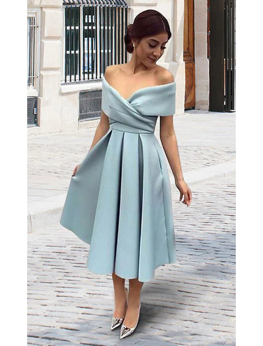 A-Line Cocktail Dresses 1950s Dress Wedding Guest Tea Length Short Sleeve V Neck Stretch Fabric V Back