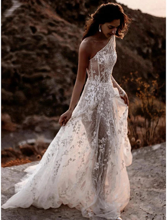 Beach Sexy Boho Wedding Dresses A-Line One Shoulder Long Sleeve Sweep / Brush Train Lace Bridal Gowns With Split