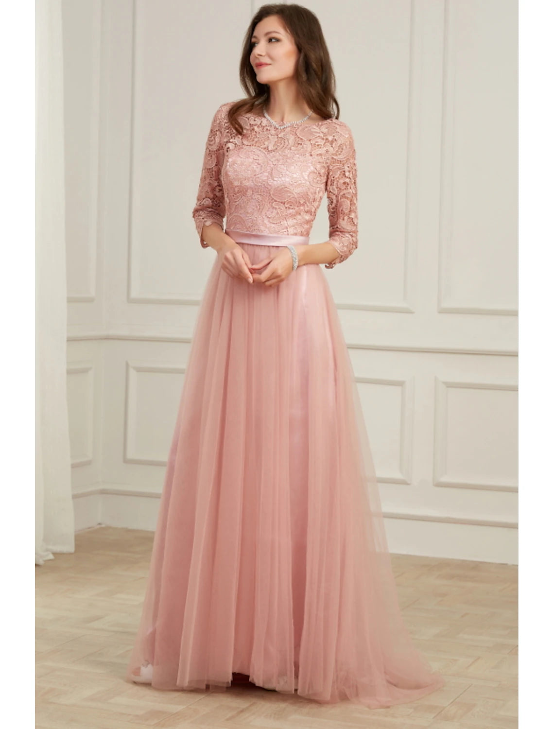 A-Line Evening Gown Spring Dress Party Wear Formal Evening Sweep / Brush Train Long Sleeve Jewel Neck Lace