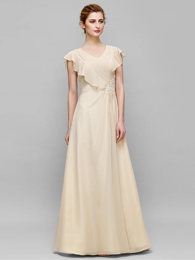 Sheath / Column Mother of the Bride Dress Plus Size Elegant V Neck Floor Length Chiffon Sleeveless with Criss Cross