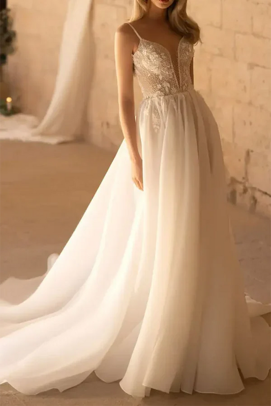 A-line illusion V-neck 3D sticker rural style wedding dress Sexy Beautiful