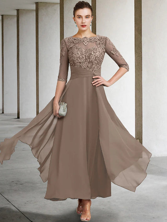 A-Line Mother of the Bride Dress Plus Size Elegant Jewel Neck Ankle Length Chiffon Lace Half Sleeve with Ruched Beading