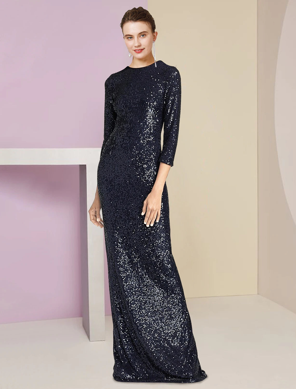 Two Piece Sheath / Column Mother of the Bride Dress Formal Wedding Guest Sparkle & Shine Elegant Scoop Neck Floor Length Detachable Taffeta Sequined 3/4 Length Sleeve