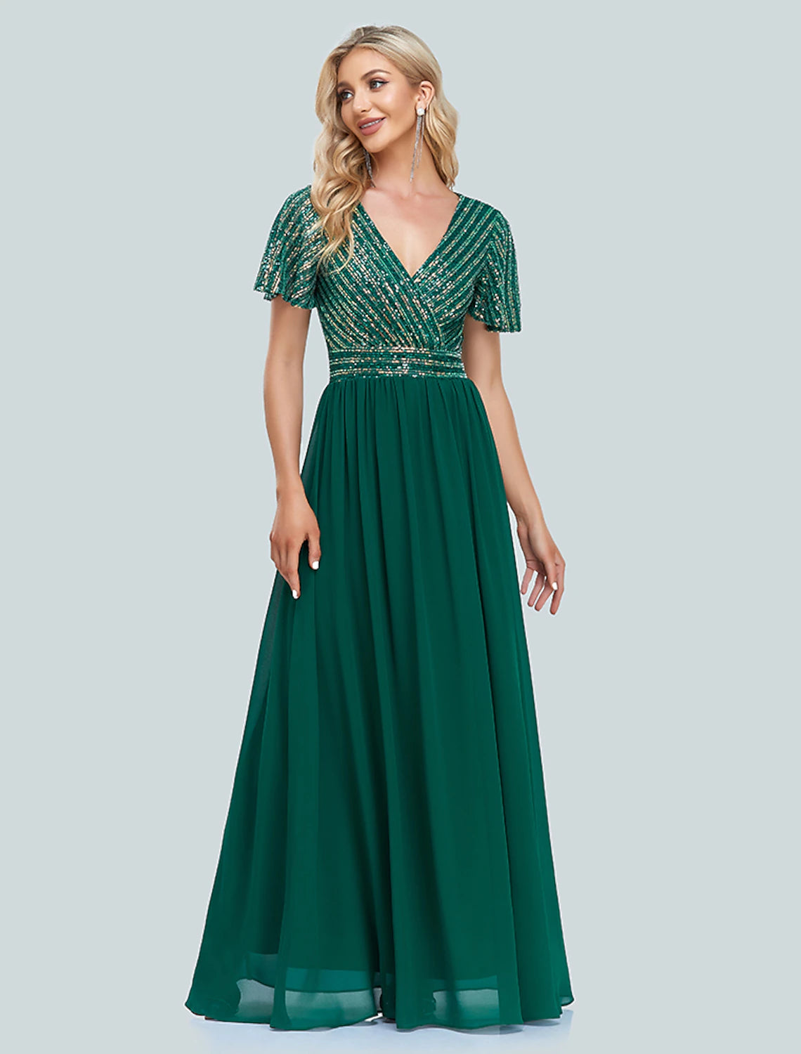 A-Line Mermaid / Trumpet Evening Gown Elegant Dress Christmas Floor Length Short Sleeve V Neck Sequined