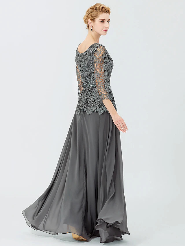 Ball Gown A-Line Mother of the Bride Dress Formal Classic & Timeless Elegant & Luxurious Elegant Scoop Neck Floor Length Chiffon Corded Lace 3/4 Length Sleeve with Sashes / Ribbons