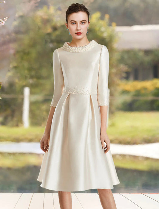 A-Line Mother of the Bride Dress Wedding Guest Elegant Jewel Neck Knee Length Satin Half Sleeve