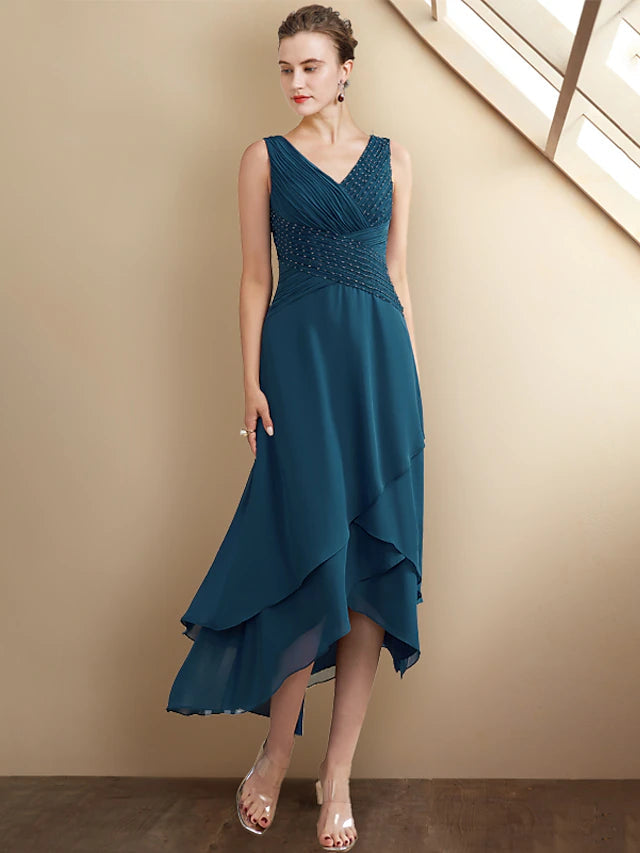 A-Line Mother of the Bride Dress Elegant High Low V Neck Asymmetrical Tea Length Chiffon Sleeveless Wrap Included with Beading Cascading Ruffles