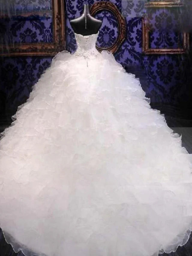 Beach Formal Wedding Dresses Chapel Train Ball Gown Strapless Sweetheart Organza With Beading