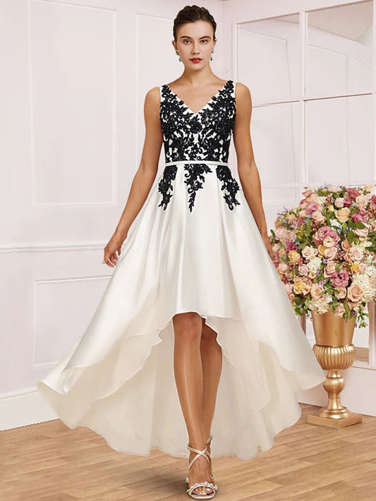 A-Line Mother of the Bride Dress Wedding Guest Party Elegant V Neck Asymmetrical Satin Lace Sleeveless