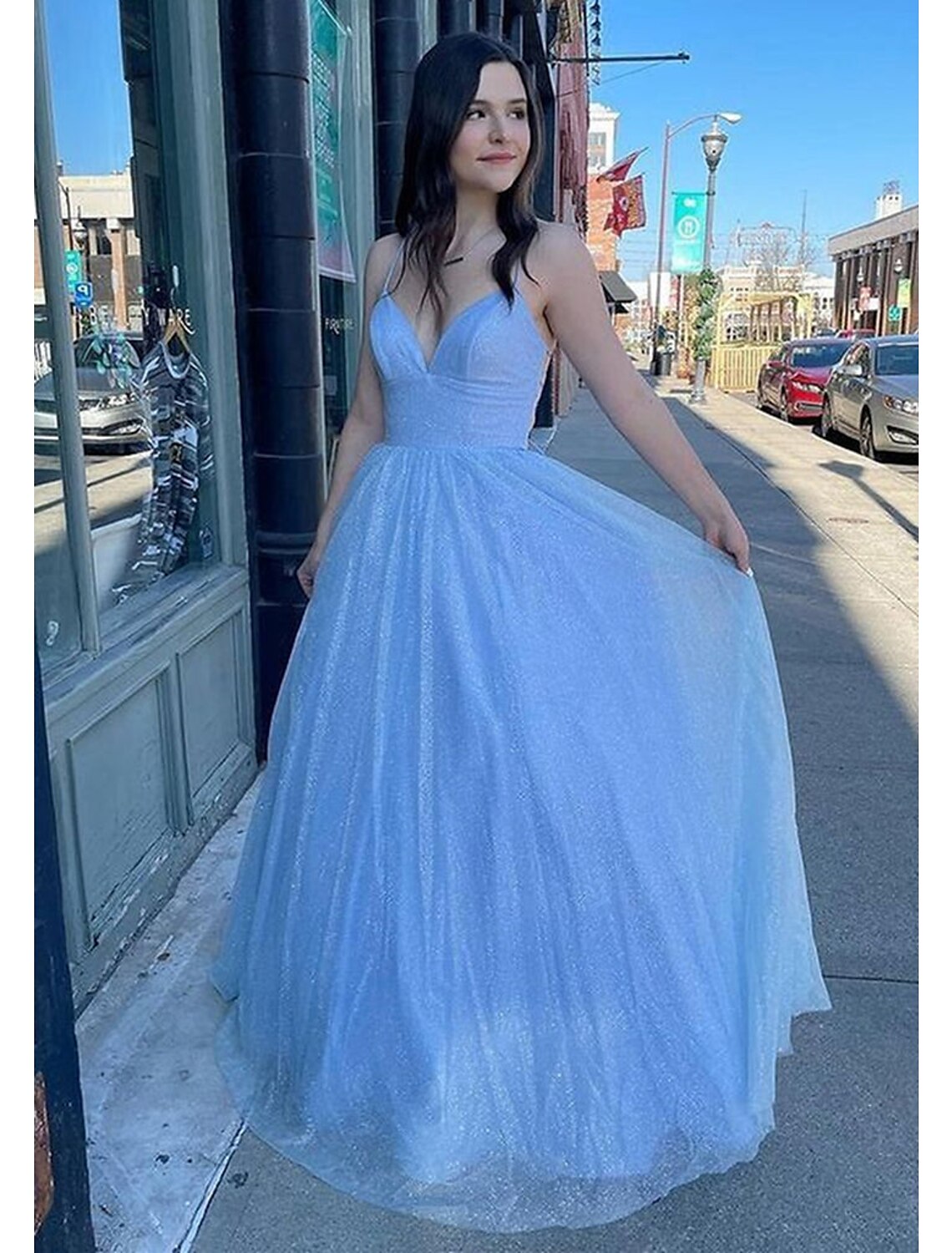 Ball Gown A-Line Prom Dresses Sparkle & Shine Dress Formal Floor Length Sleeveless V Neck Tulle Backless